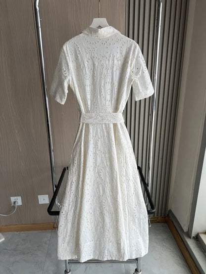 ETJ 2025 new  women's elegant fashion hollow embroidery cotton shirt lapel short-sleeved dress temperament long skirt