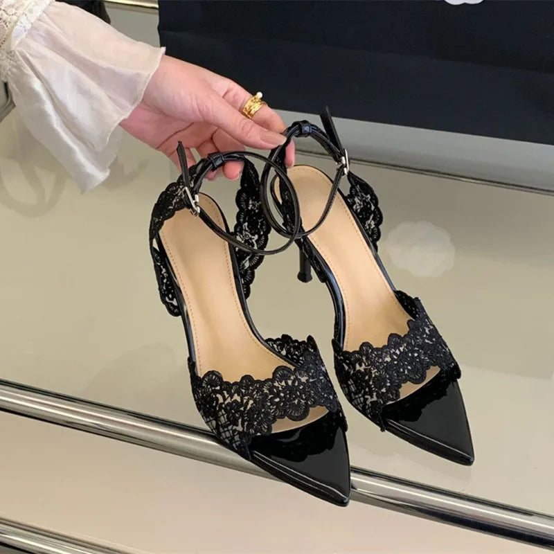 Luxury Lace Embroidery Ankle Strap Buckle Women Gladiator Sandals Elegant Thin High heels Summer Fashion Party Wedding Shoes