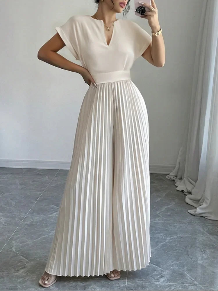 Elegant Pleated Jumpsuits&Rompers for Women V-Neck Jumpsuits Fashion Summer High Waisted Luxury Birthday Party Outfit