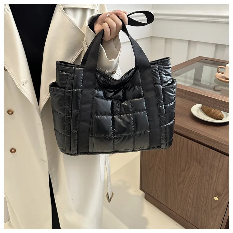 Space Padded Women Shoulder Bags For Winter 2025 Large Capacity Black Handbags Designer Nylon Cotton Warm Tote Solid