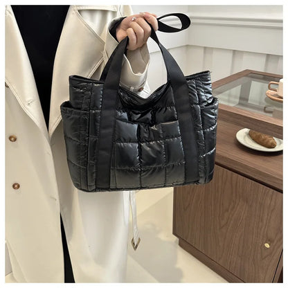 Space Padded Women Shoulder Bags For Winter 2025 Large Capacity Black Handbags Designer Nylon Cotton Warm Tote Solid