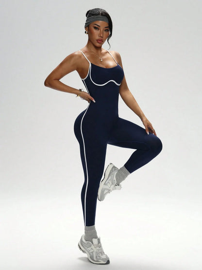 U-Back Contrast Trim Yoga Bodysuit Adjustable Thin Strap One Piece Workout Jumpsuit High Stretch Butt Lifting Gym Fitness Romper