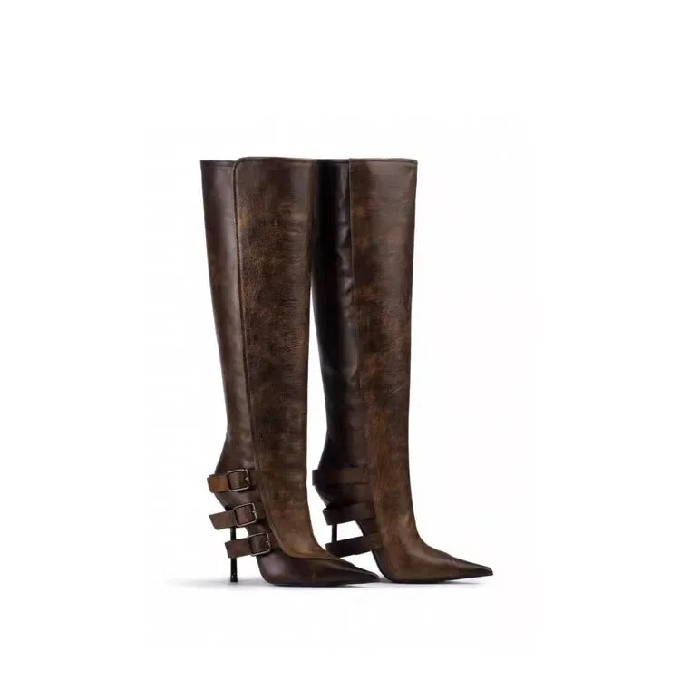 New Belt Buckle Stiletto High Heels Knee Length Boots Autumn/Winter Women's Fashion Pointed Party 34-46 Large Medium Boots