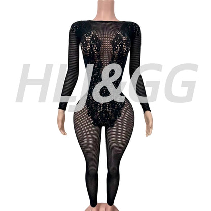HLJ&GG Black Sexy High Quality Stretchy Knit See Though Bodycon One Piece Jumpsuits Women Long Sleeve Slim Playsuits Streetwear