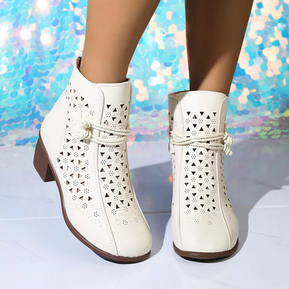 2025 Summer New Women's Fashion Hollow-Out Soft Sole Mid-Heel Ankle Boots, Retro Breathable Comfortable Shoes