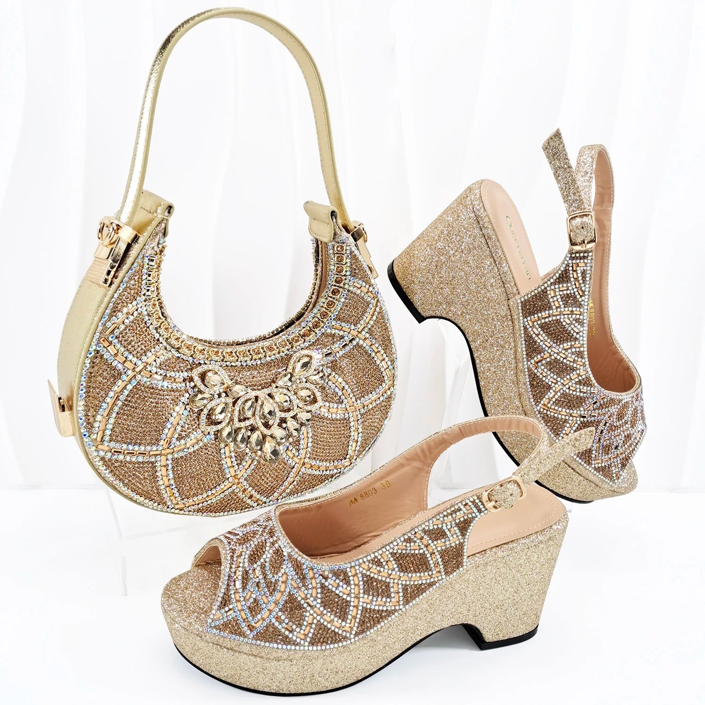 Doershow Italian Shoe and Bag Set New 2024 Women Shoes and Bag Set In Italy gold Italian Shoes with Matching Bag BNM1-6