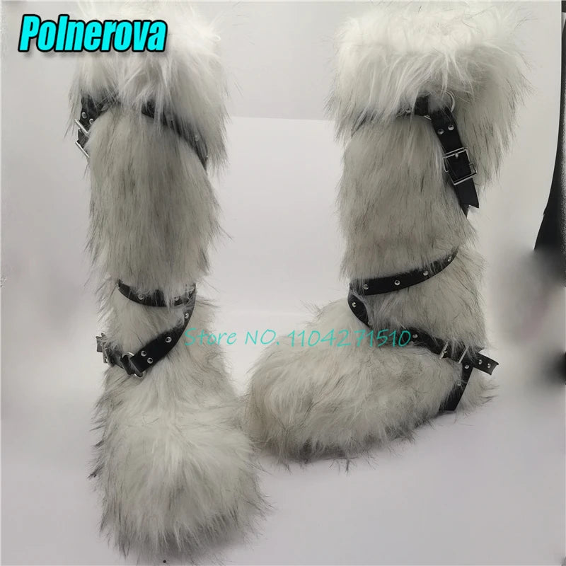 Black Fur Platform Knee High Boots for Women Punk Rivet Belt Buckle Strap Snow Boots Winter Warm Fashion Y2K Girl Shoes Big Size