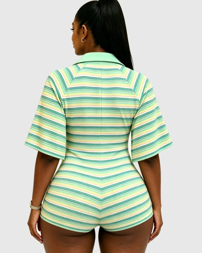 FLARORA Trend Stripe Print Rompers Woman Sexy Deep V Neck Short Sleeve Skinny Peach Hip Playsuits Hot Girl Party Club Overalls