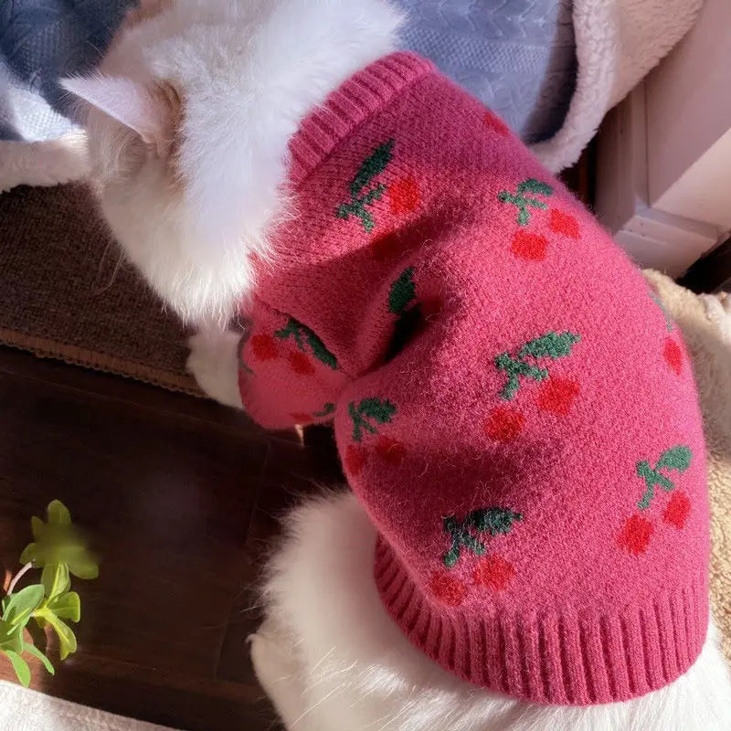 Winter Dog Sweater Cherry Print Dog Clothes Small Dogs Coat Pet Costume Chihuahua Bichon Dachshund Clothing Knitted Warm Sweater
