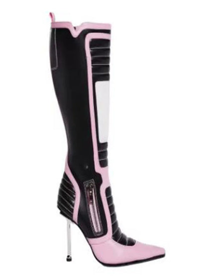 Pink White Black Patchwork Leather Motorcycle Knee High Boots Women Pointed Toe Thin Heels Run Way Long Riding Boots Shoes Lady