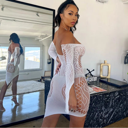 High Elasticity White Color Short Skirt New Fashion Women's Bodycon Dress Erotic Fishing Net Tight Lingerie One-Piece Nightwear