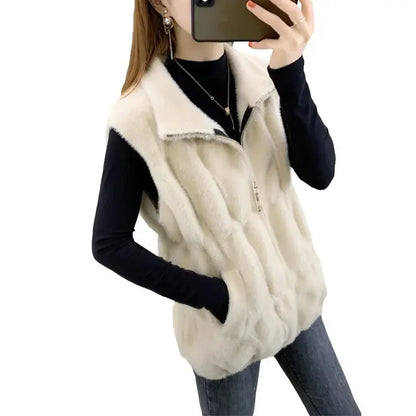 Imitation Mink Fur Sweater Vest Women's Autumn Winter Outerwear 2024 New Waistcoat Female Sleeveless Jacket Zipper Cardigan Top