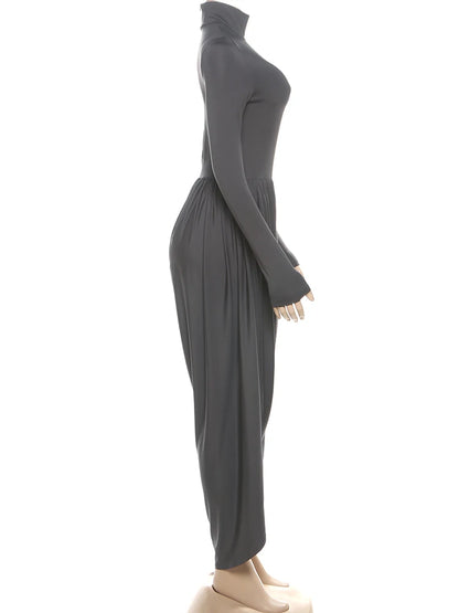 Whatiwear Casual Fashion Jumpsuits Woman Autumn Trend Turtleneck Full Sleeve Ruched Design Daily Simple Office Style Overalls