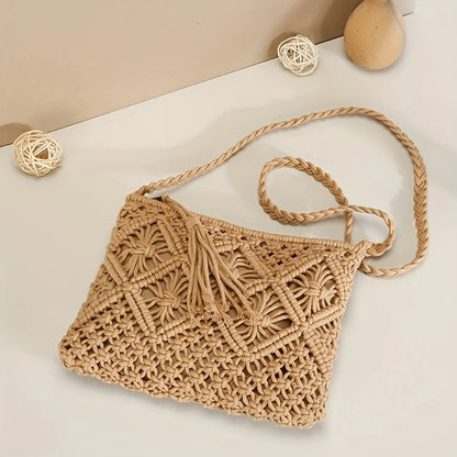 Handmade Bohemian Woven Rope Crossbody Bag with Tassel Detail, Summer Beach Clutch Shoulder Bags for Women, Geometric Design