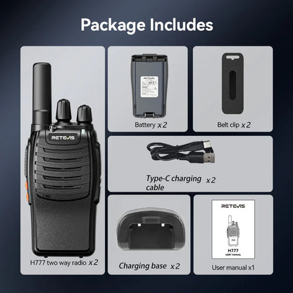 Retevis H777 2pcs Walkie Talkie Clear Sound Quality Portable Walkie Talkies Long Range Type-C Two Way Radio for Cycling Camping