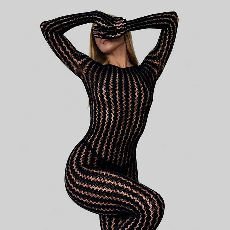 Black Jumpsuits Women Sexy Fishnet See Through Long Rompers 2026 Summer Women Pants Skinny Rompers Jumpsuits Overalls Pantyhose