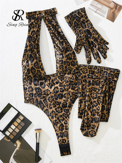 SINGREINY 2025 Leopard Print Sexy Bodysuits Halter Hollow Out Slim Backless Rompers Streetwear Fashion Cosplay Erotic Playsuits