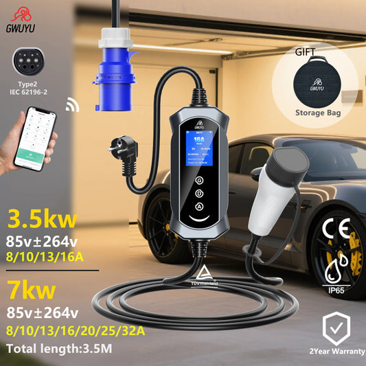 GWUYU Adjustable key 3.5-7KW1phase portable Type 2 EV charger, with fast charging cord, wall-mounted WiFi APP Home charging