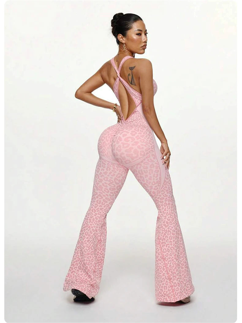 ZHEJIN Leopard Jumpsuit Women Flare Leg Yoga Romper Backless Criss Cross Workout Bodysuit Scrunch Butt Lift Gym Fitness Wear
