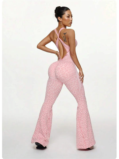 ZHEJIN Leopard Jumpsuit Women Flare Leg Yoga Romper Backless Criss Cross Workout Bodysuit Scrunch Butt Lift Gym Fitness Wear