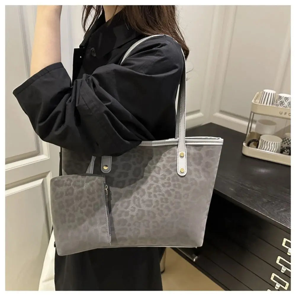 Vintage Leopard Print Women Tote Bag PU Leather Large Capacity Underarm Bag with Mini Bag Briefcase Bags