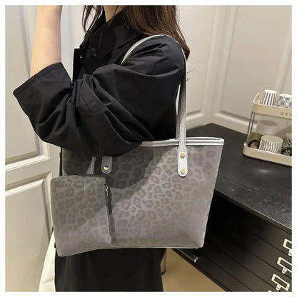 Vintage Leopard Print Women Tote Bag PU Leather Large Capacity Underarm Bag with Mini Bag Briefcase Bags