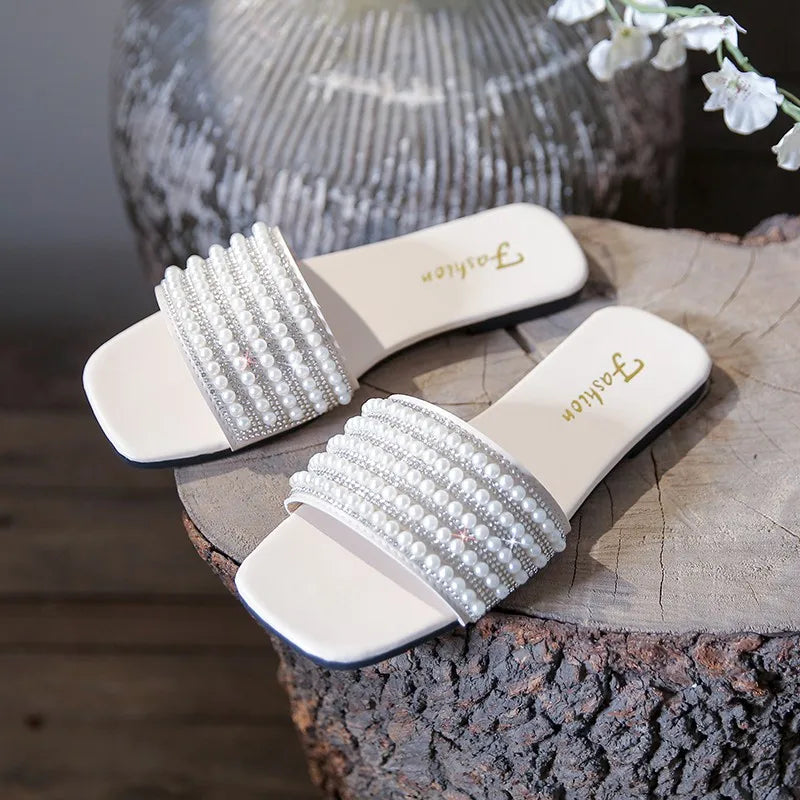 Flat Slippers Female 2025 Summer New Fashion Beach Non-slip Women's Slippers Outdoor Pearl Luxury Brand Designer Shoes Zapatos