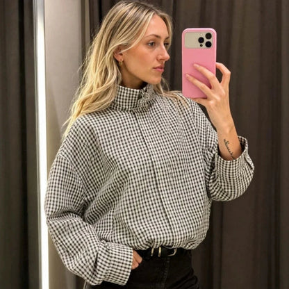 Women Casual Plaid Short Trench Coat Lapel Double Breasted Belted Waist Loose Long Sleeve Checkered Jacket Autumn Windbreaker