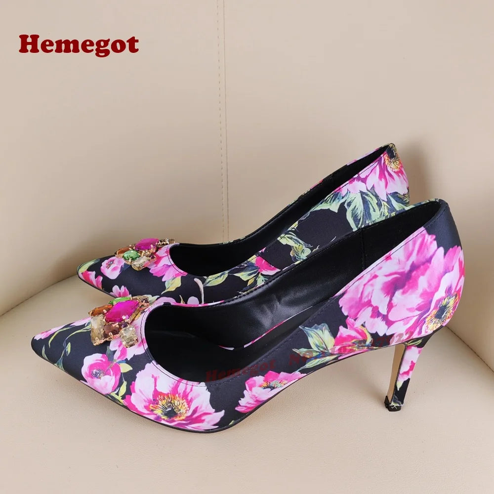 Print Flower Gemstone Pumps Pointy Toe Stiletto Heels Shallow Women's Pumps Colorful Crystals Sexy Elegant Shoes 2025 New Luxury