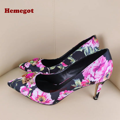 Print Flower Gemstone Pumps Pointy Toe Stiletto Heels Shallow Women's Pumps Colorful Crystals Sexy Elegant Shoes 2025 New Luxury