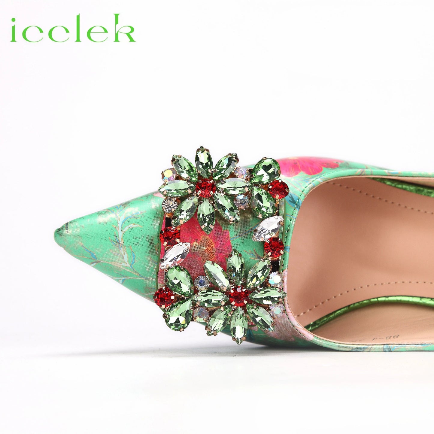 Newest Green Color Print Design High Heels Decorated with Water Rhinestone Party Women's Shoes and Bags Set