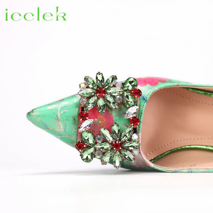 Newest Green Color Print Design High Heels Decorated with Water Rhinestone Party Women's Shoes and Bags Set