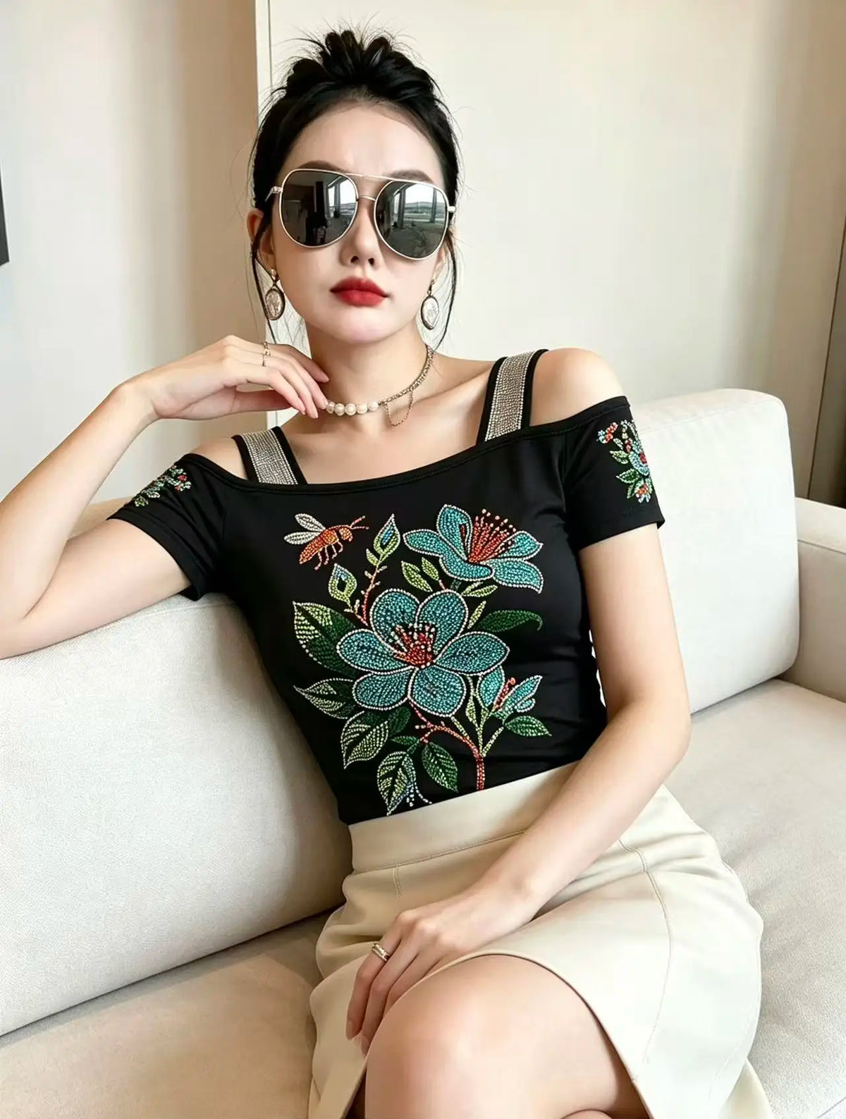 High Quality Elasticity Clothes Fashion T-Shirts Women's Sexy Off Shoulder Shiny Diamonds Mesh Tops Summer Tees Shirt