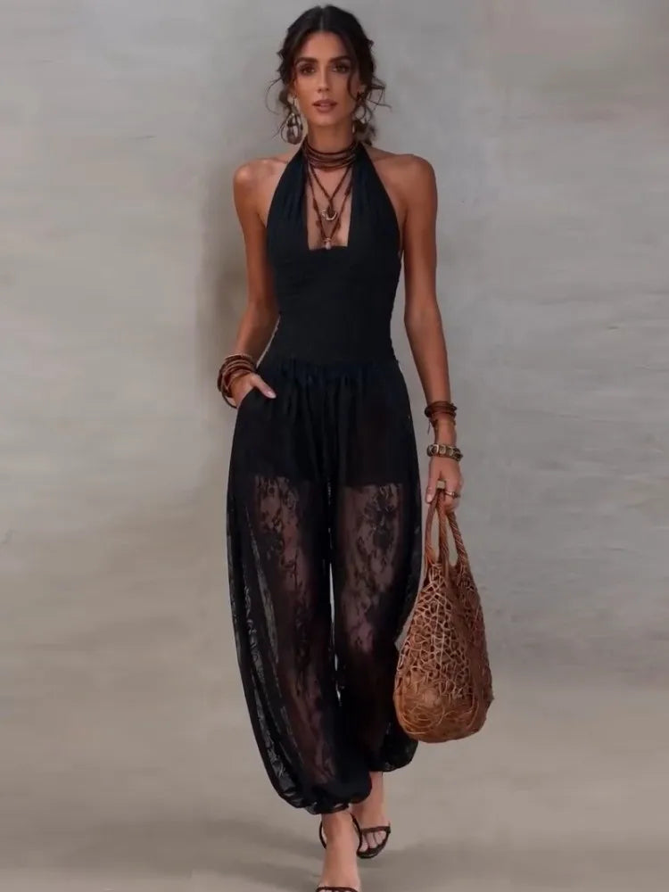 Solid Women Lace Jumpsuits For Spring Summer Sleeveless V-Neck Loose Fashion Streetwear Overalls Pants Trousers 2026