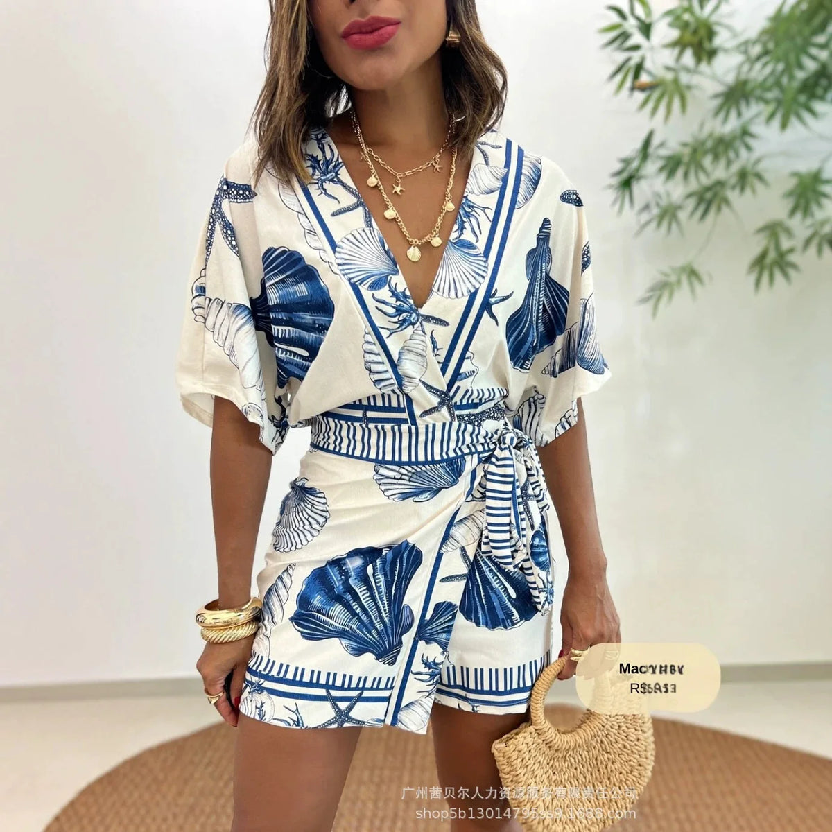 Rompers Women V Neck Half Sleeve One Piece Short Pant Tight Waist Lace Up Y2k Streetwear Jumpsuit Work Beach Casual Floral Print