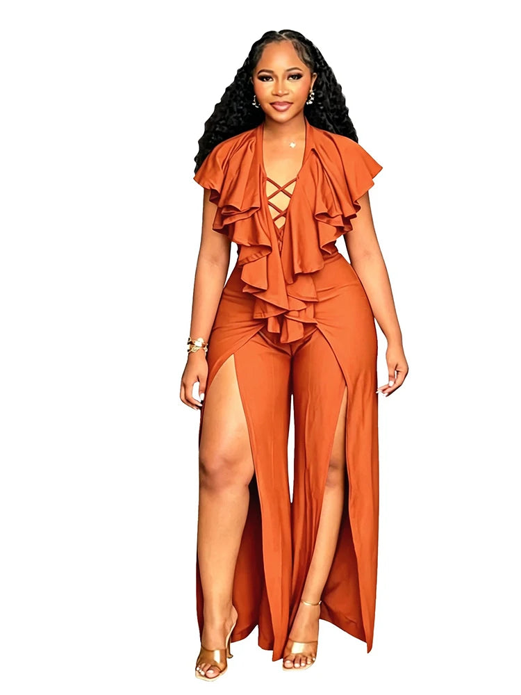 Plus Size Jumpsuit Woman Sexy Ruffle Trim Jumpsuit Deep V Neck Cross Lace Up High Slit Ladies Wide Leg Jumpsuit Dress Loungewear