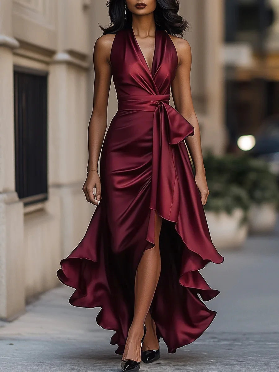 Women's Deep V-Neck Ruffled Evening Gowns Solid Lace-Up High Waist Satin Party Dresses Elegant Temperament Wedding Guests Dress