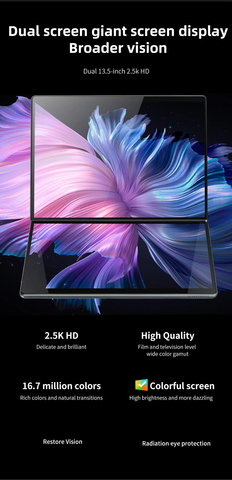 BYONE 13.5 Inch Dual Screen Touch Laptop 2.5k UHD 9000mAH DDR5 16GB RAM 512 GB 1TB 2TB SSD 180° Foldable Portable 2 in 1 Tablet
