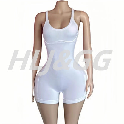 HLJ&GG Women Bodysuits Stretch Sporty One Piece Rompers Women Sleeveless Backless Slim Jumpsuits Summer New Solid Yoga Overalls
