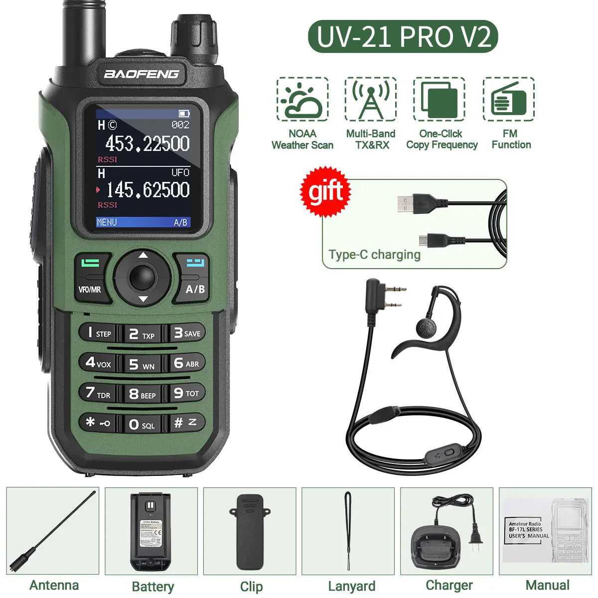Baofeng UV-21 PRO Walkie Talkie V2 Long Range Multi-band Portable Ham Two Way Radio Wireless Copy Frequency Type-C For Hunting