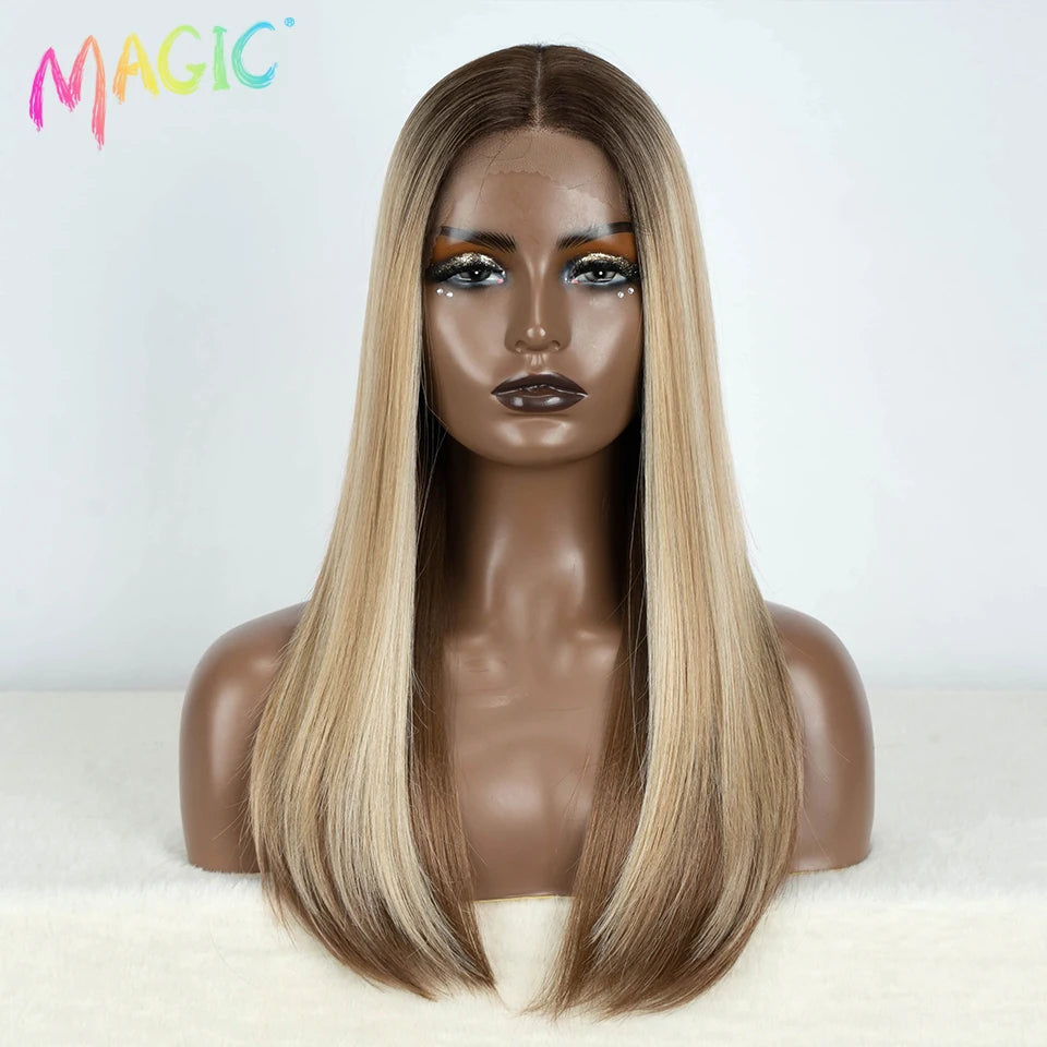 Magic Hair Synthetic Lace Front Wigs For Black Women Straight Bob Wigs 22 inch Easy Wear Ombre Brown Blonde Wig Cosplay Wig