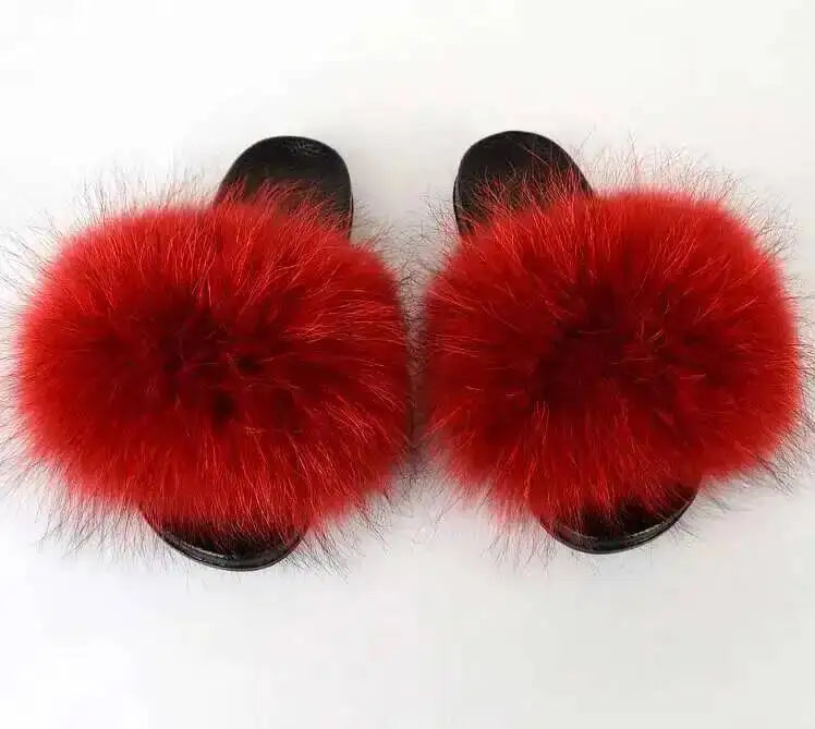 Real Raccoon Fur Slippers For Women 2026 Summer Fluffy Indoor House Fuzzy Flat Slides Outdoor Fashion Beach Sandals Flip Flops