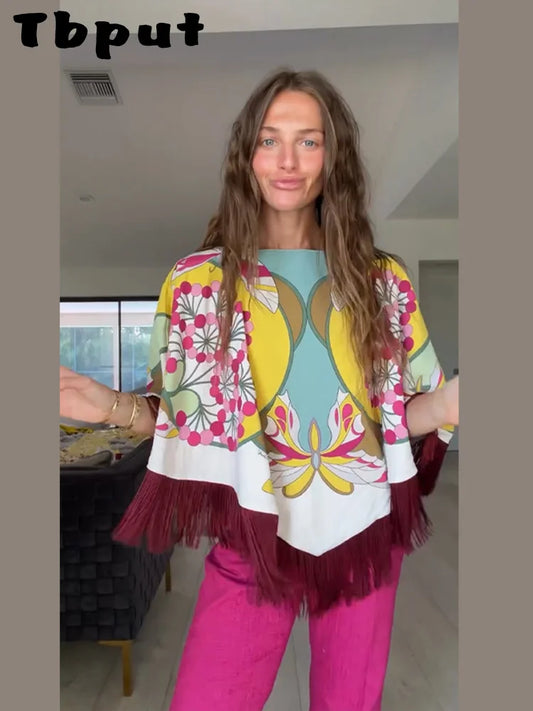Elegant Printed Women's Shawl Fringed O-Neck Irregular Lady Cape 2026 Spring Summer Fashion Female Tassels Street Wear