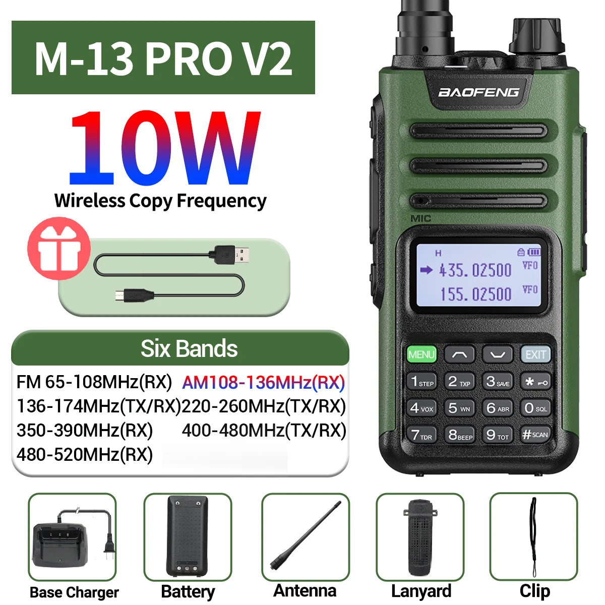 Baofeng M-13 Pro V2 Air Band Walkie Talkie Long Range Wireless Copy Frequency Multi Band NOAA Type-C AM Two Way Radio