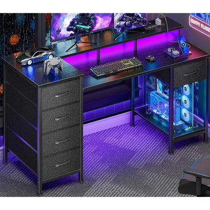 Gaming Computer Desk with Power Outlets, LED, 5 Drawers