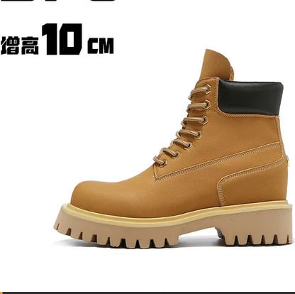 Short boots cowhide men's winter outdoor British style thick soled waterproof high top yellow boots