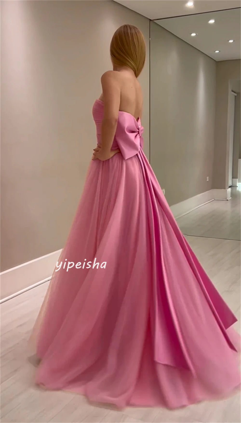 Customized Net Draped Sash Bow Graduation A-line Strapless Bespoke Occasion Gown Long Dresses