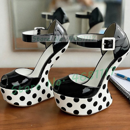 Black Polka Dot Platform Fretwork Heels Sandals Women Sexy Peep Toe Patent Leather Shoes Party Ankle Strap Heelless Sandals