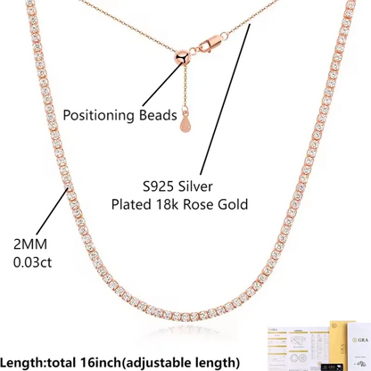 COSYA 2mm Moissanite Tennis Necklace for Women 100% S925 Silver 18K Rose Gold Plated Sparkling Choker Chain Fine Party Jewelry