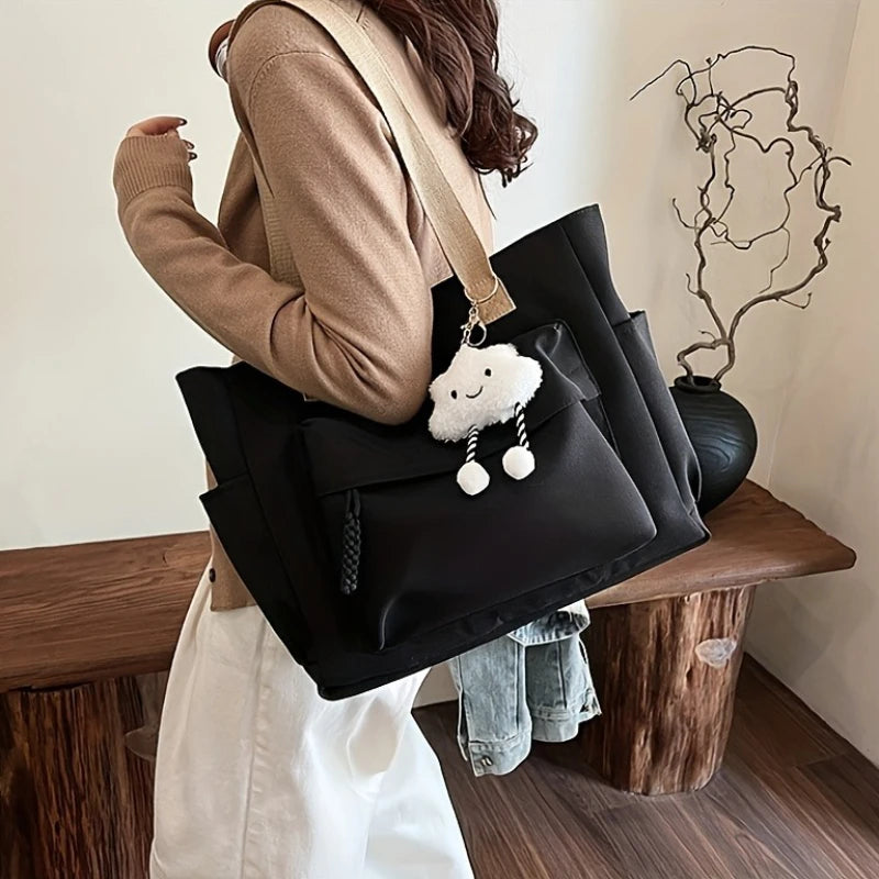 Multi Compartment, Zipper Closure, Women's Bags Large Capacity Japanese Style Tote Bag, Cute Plush Fixed Strap, Casual Elegance